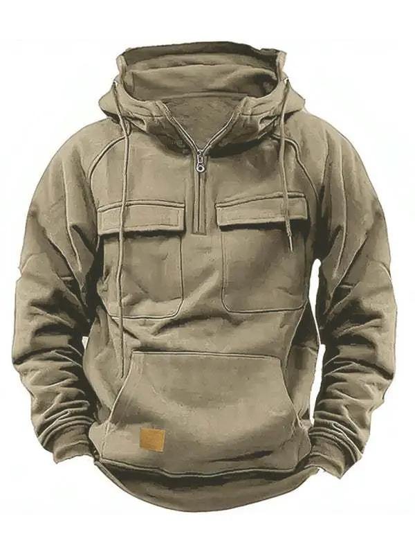 Men's solid color hooded sports multi-pocket sweatshirt jacket - MENLL